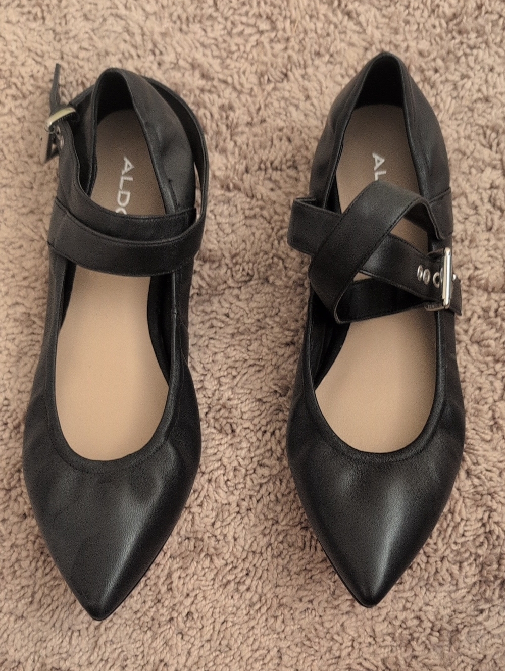 Aldo Black Pointed Mary Jane Flats with Crisscross Buckle Strap
